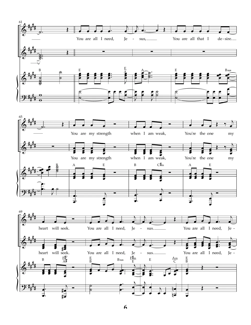 Song score bars 61-72: last refrain and verse with piano chords, repeating the line "You are all I need, Jesus" to close