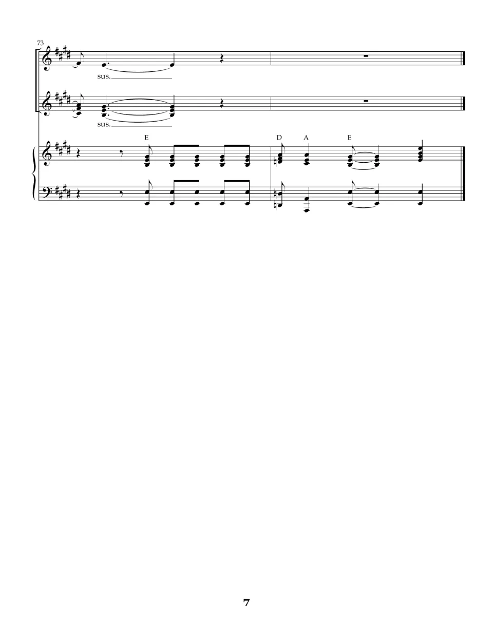 Song score final bars 73-74: voices hold "sus" while the piano plays the closing E, D, A and E chords