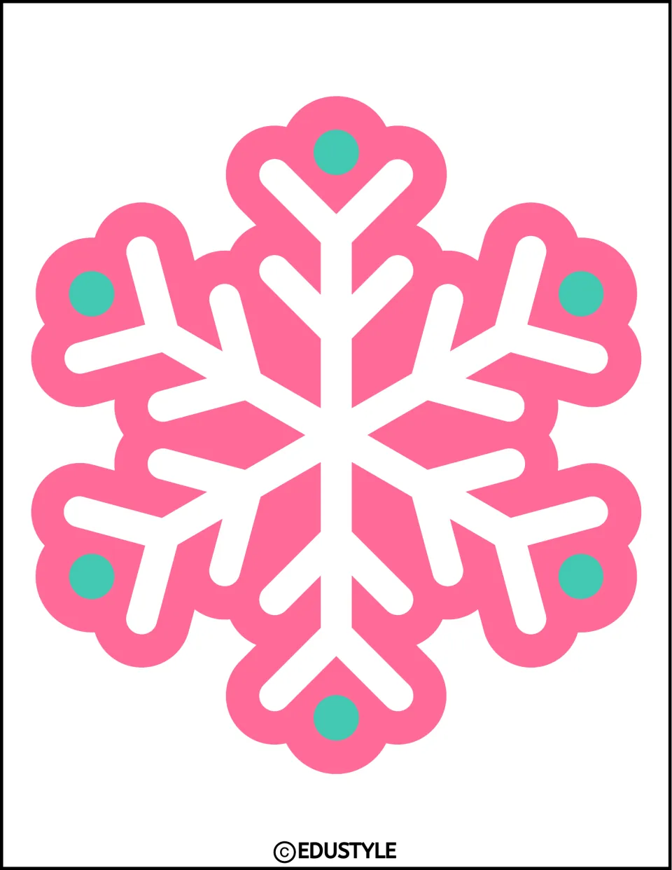 Pink snowflake cutout with white branches and six teal dots for the Christmas bulletin board or door display