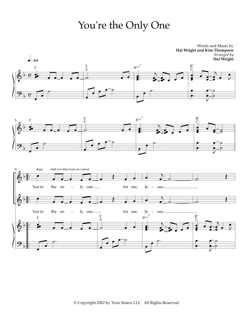 Worship song score in F, bars 1-12: piano intro at 102 bpm, then kids enter singing "You're the only one for me, Jesus"