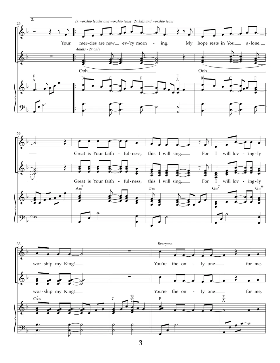 Song score bars 25-36: second ending bridge "Your mercies are new ev'ry morning," adult Ooh harmony, then Everyone joins