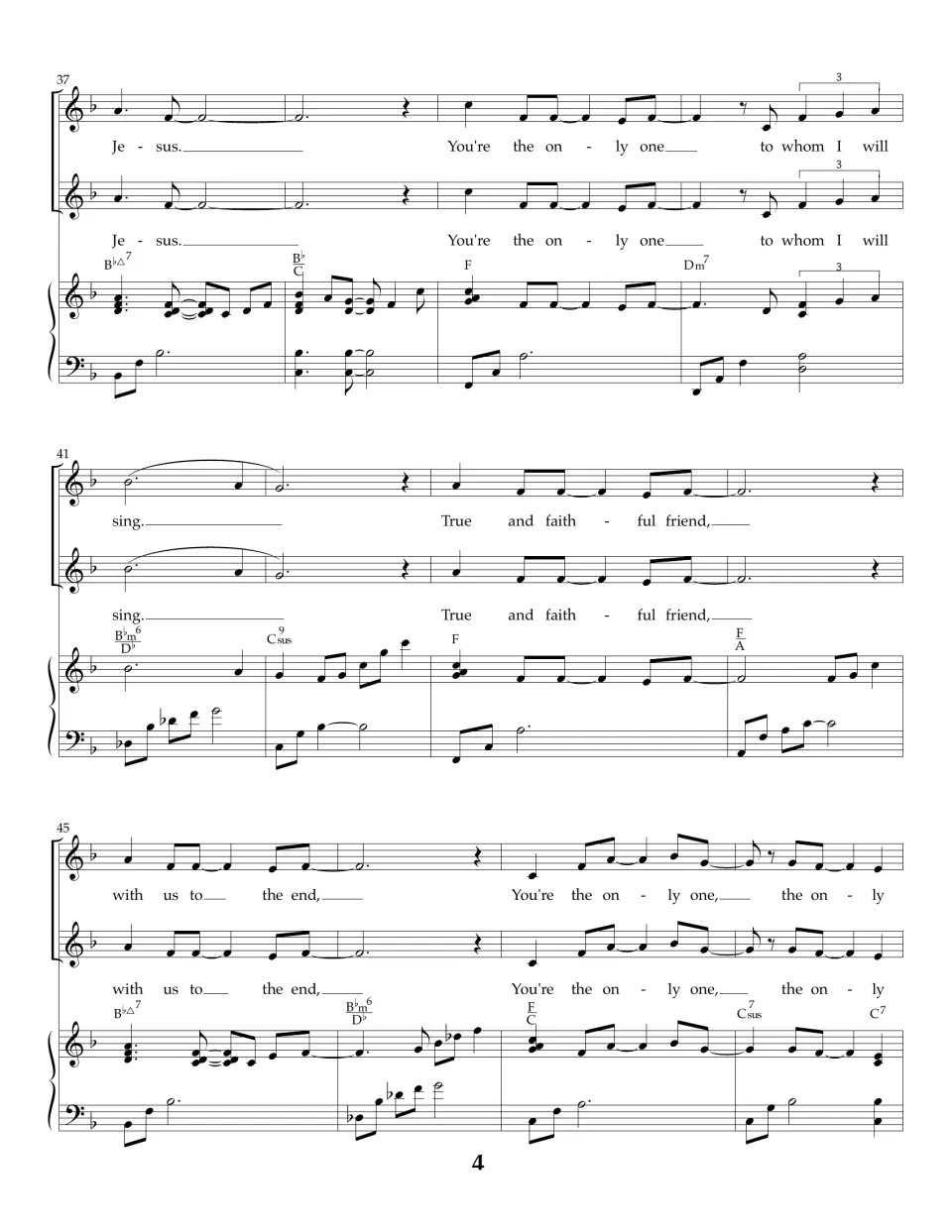 Song score bars 37-48: everyone repeats the chorus from "Jesus" through "True and faithful friend, with us to the end"