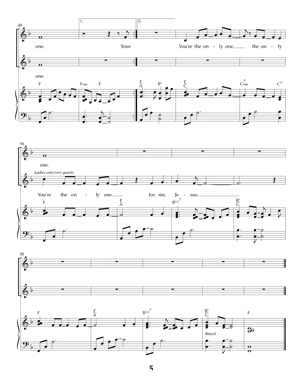 Song score bars 49-62: final chorus, a ladies-only quiet line, then a piano outro with a ritard ending on an F chord