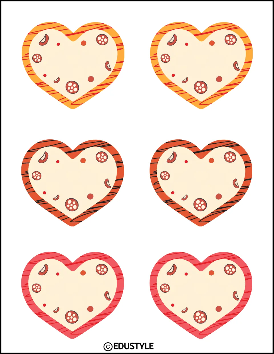 Six small pizza heart decorations for student names: two each with yellow-orange, orange-red, and pink crusts