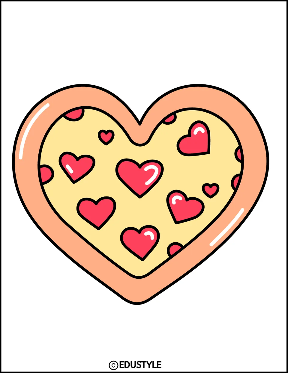 Whole pizza heart decoration with pink heart toppings, yellow cheese, and peach crust for the Valentine display