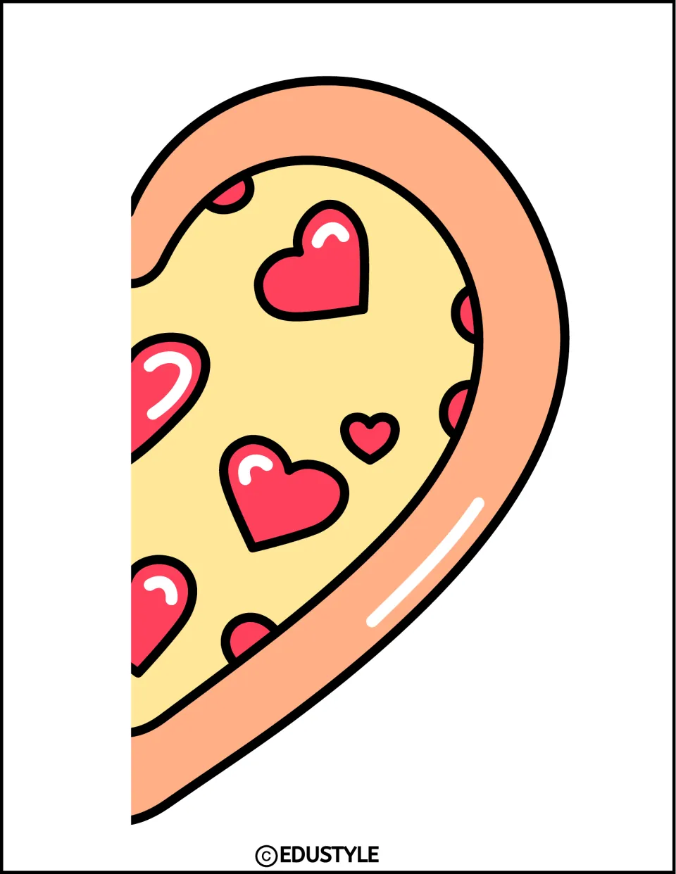 Right half of an enlarged pizza heart decoration with pink heart toppings, paired with page 159 for display