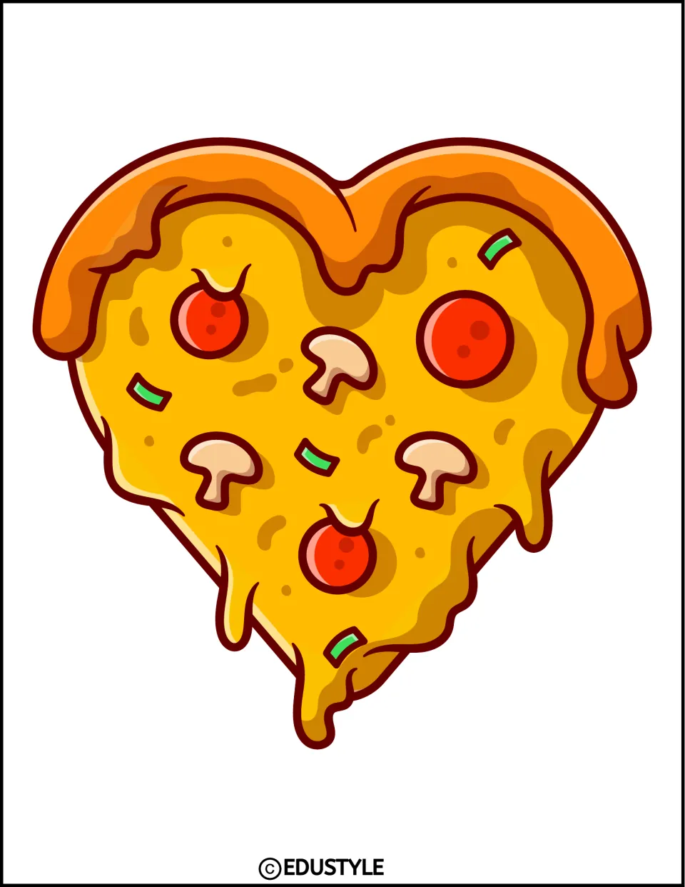 Heart-shaped pizza decoration with dripping cheese, pepperoni, mushrooms, and green toppings for display