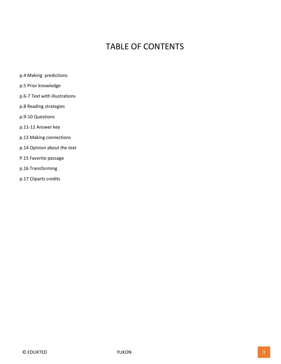 Table of contents lists predictions, prior knowledge, reading text, questions, answer keys, and responses