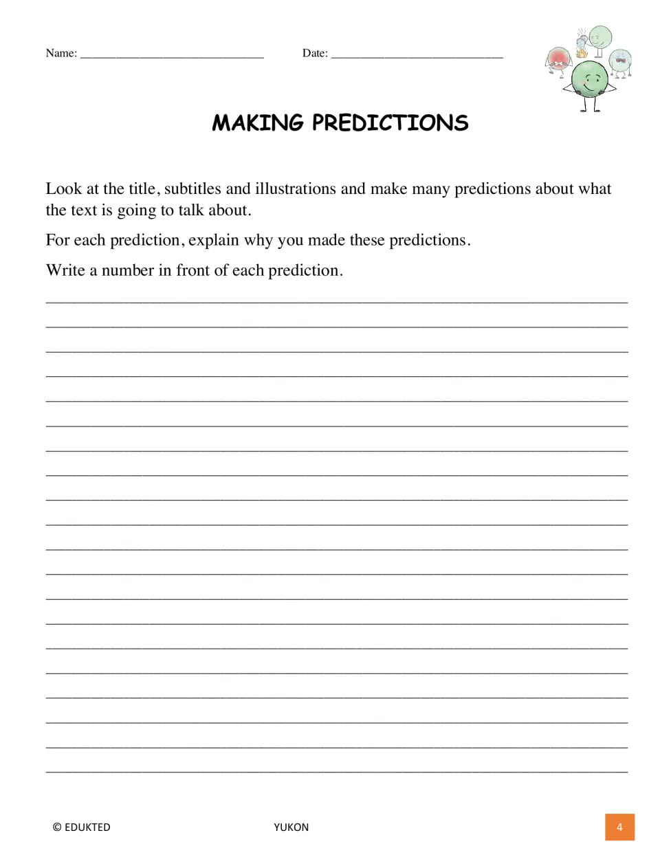 Making Predictions activity asks students to use the title, subtitles, and illustrations and explain each prediction
