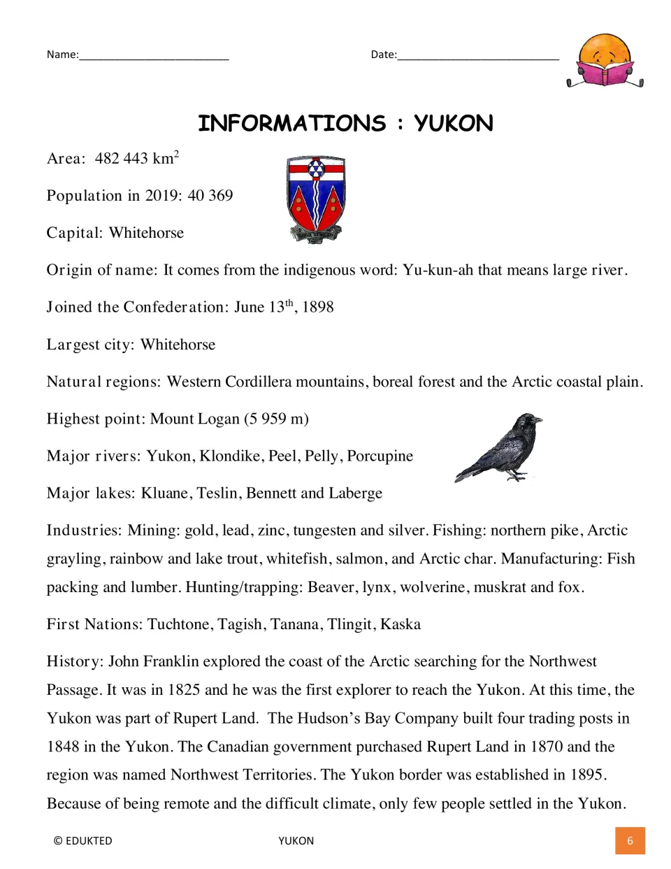 First Yukon reading page covers area, 2019 population, Whitehorse, landforms, industries, First Nations, and history