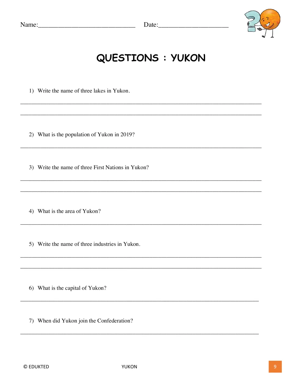 Yukon questions 1–7 ask about lakes, 2019 population, First Nations, area, industries, capital, and Confederation