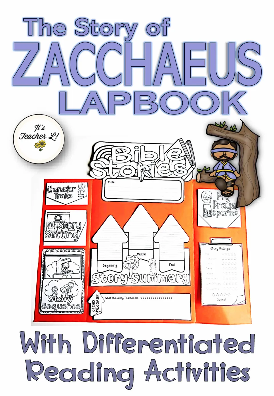 Zacchaeus lapbook resource cover showing an assembled project with story summary, sequence, and prayer response