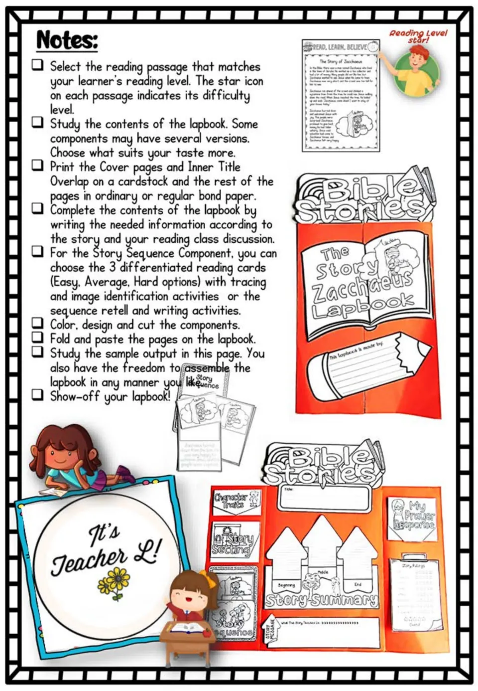 Lapbook assembly notes explain reading levels, paper choices, sequencing options, and cutting and pasting