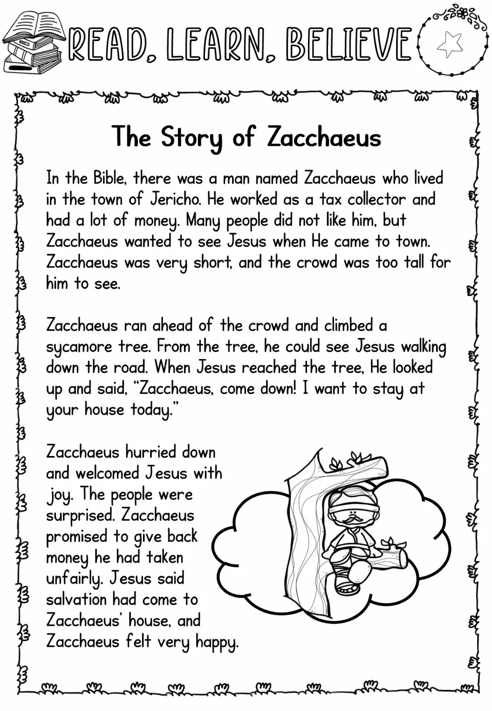 One-star Zacchaeus reading passage tells how he climbs a sycamore tree, welcomes Jesus, and promises repayment