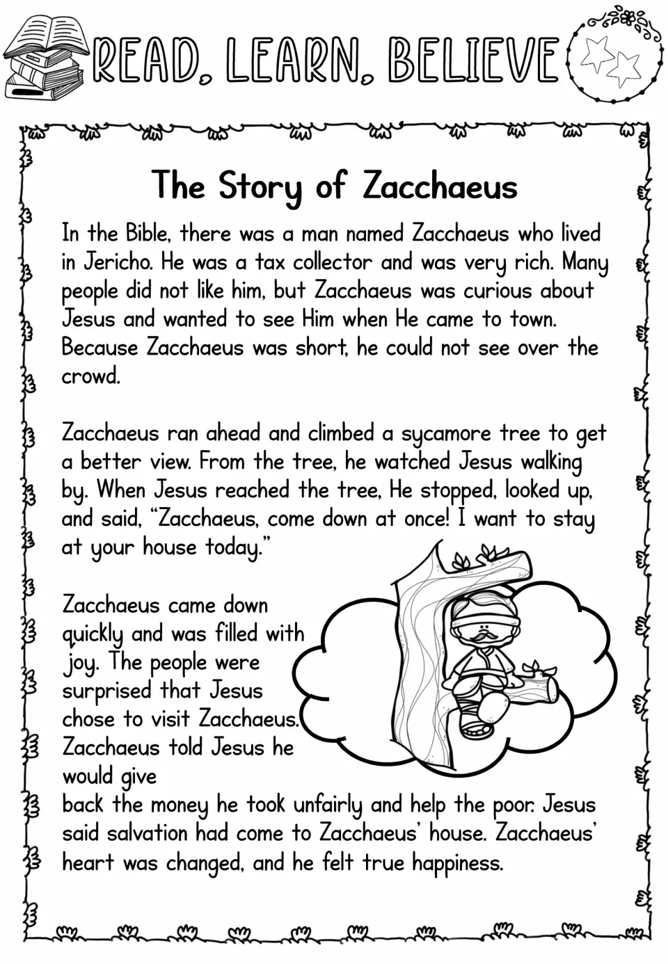 Two-star Zacchaeus reading passage describes Jesus visiting his house and his promise to repay and help the poor