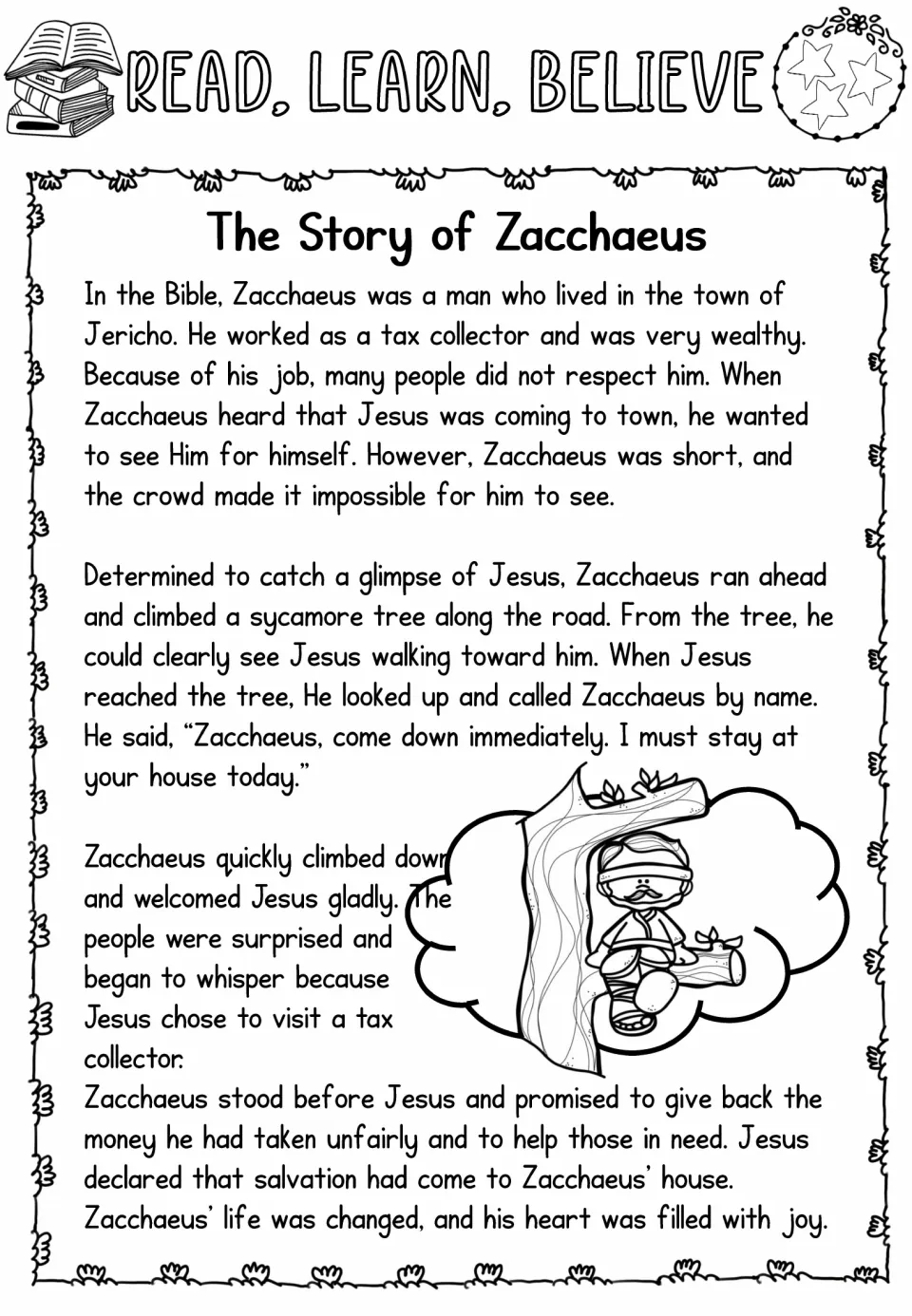 Three-star Zacchaeus reading passage recounts his meeting with Jesus, promise to repay, and changed life