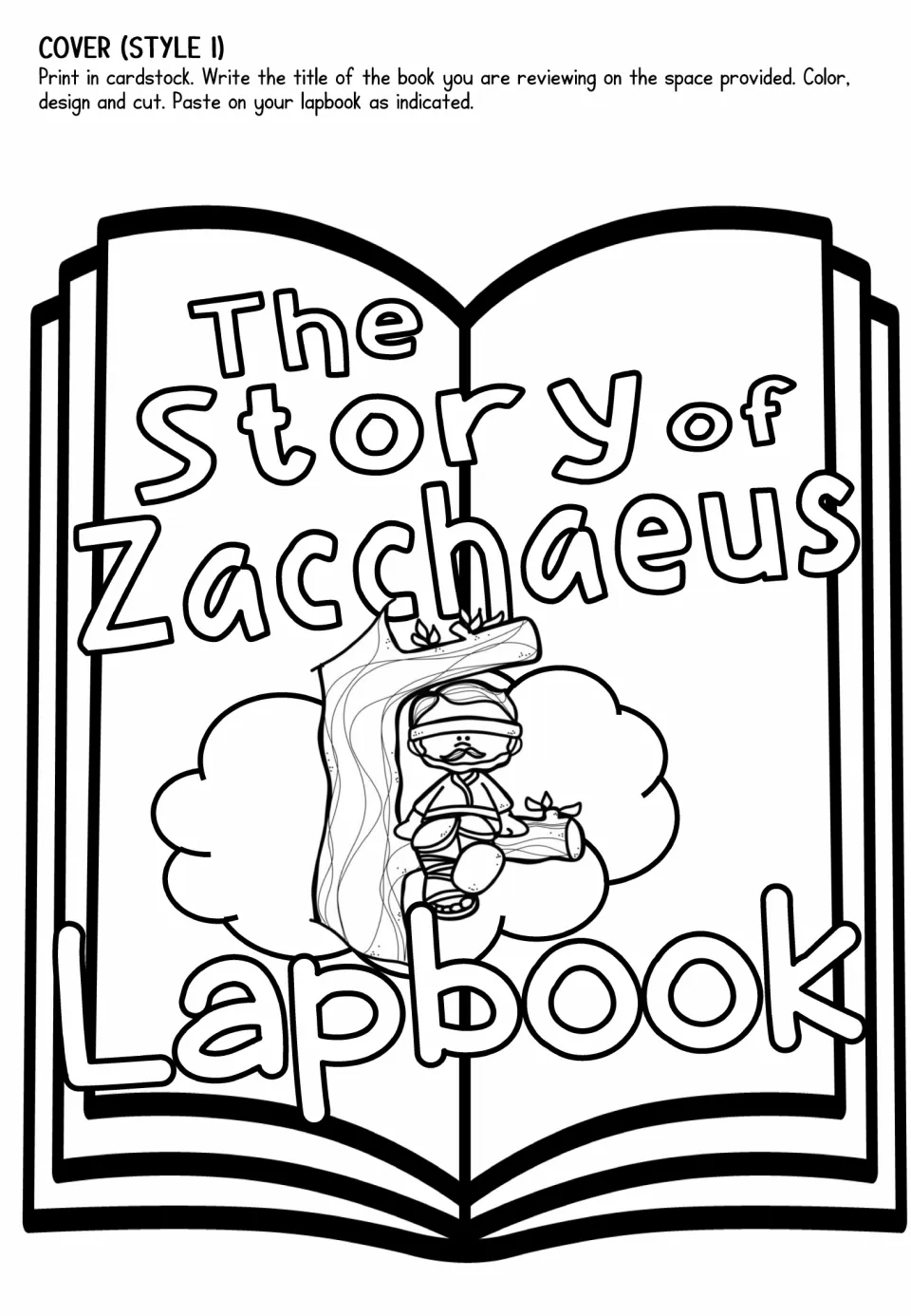 Lapbook cover template, style 1, shows Zacchaeus in a tree with story lettering to color, cut, and paste