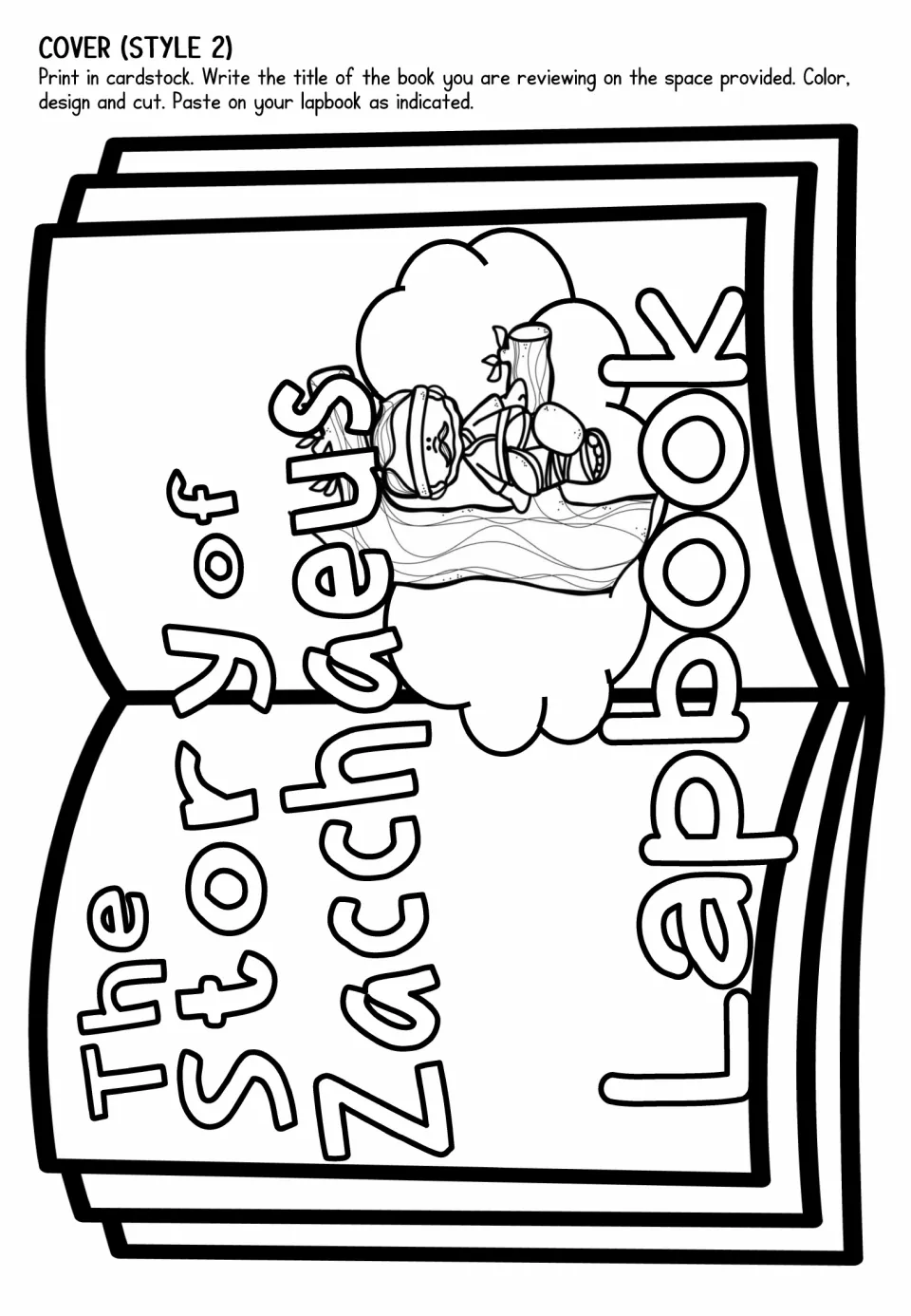 Lapbook cover template, style 2, uses an open-book design with Zacchaeus in a tree for coloring and assembly
