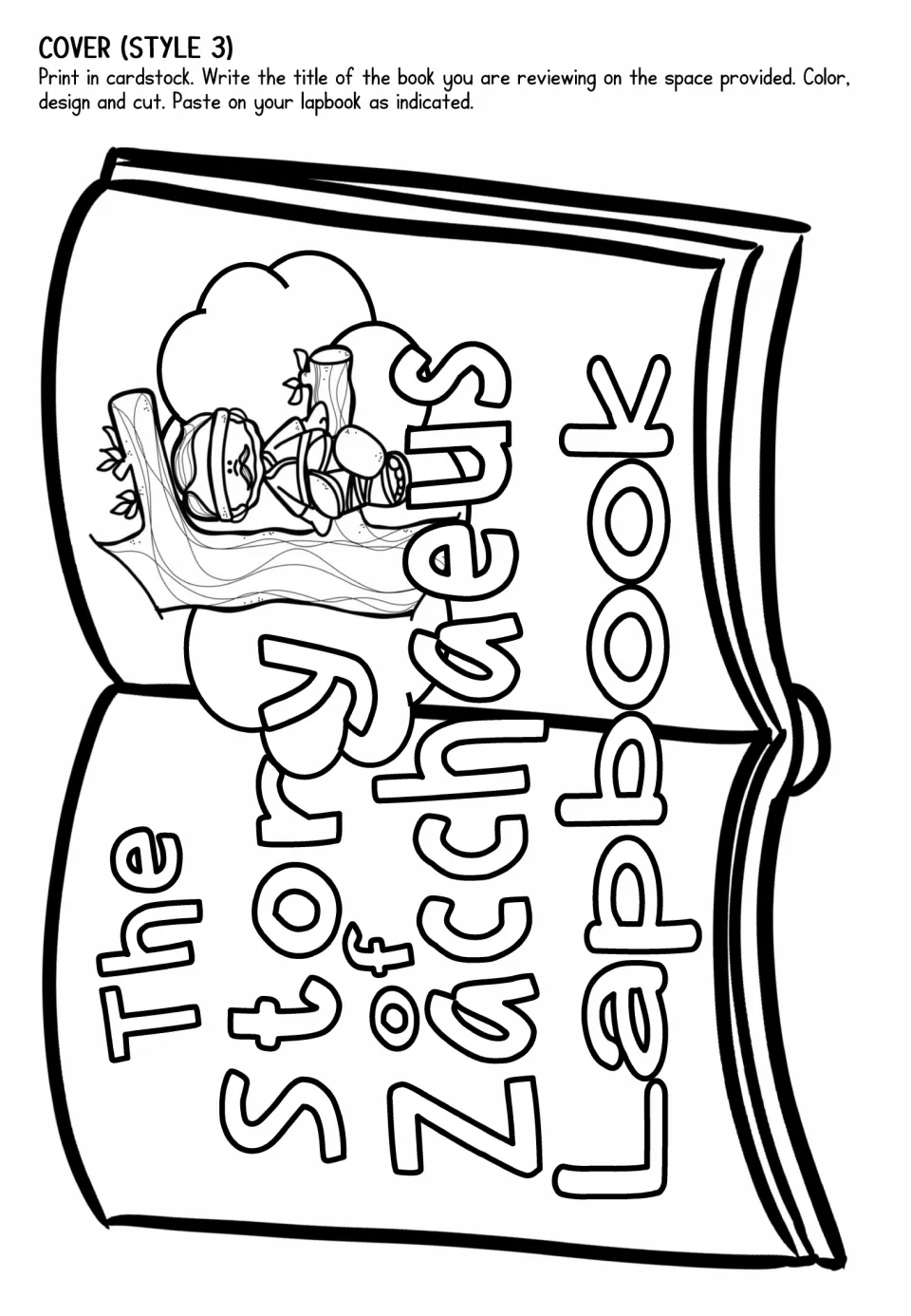 Lapbook cover template, style 3, features a curved open book and Zacchaeus in a tree to color, cut, and paste