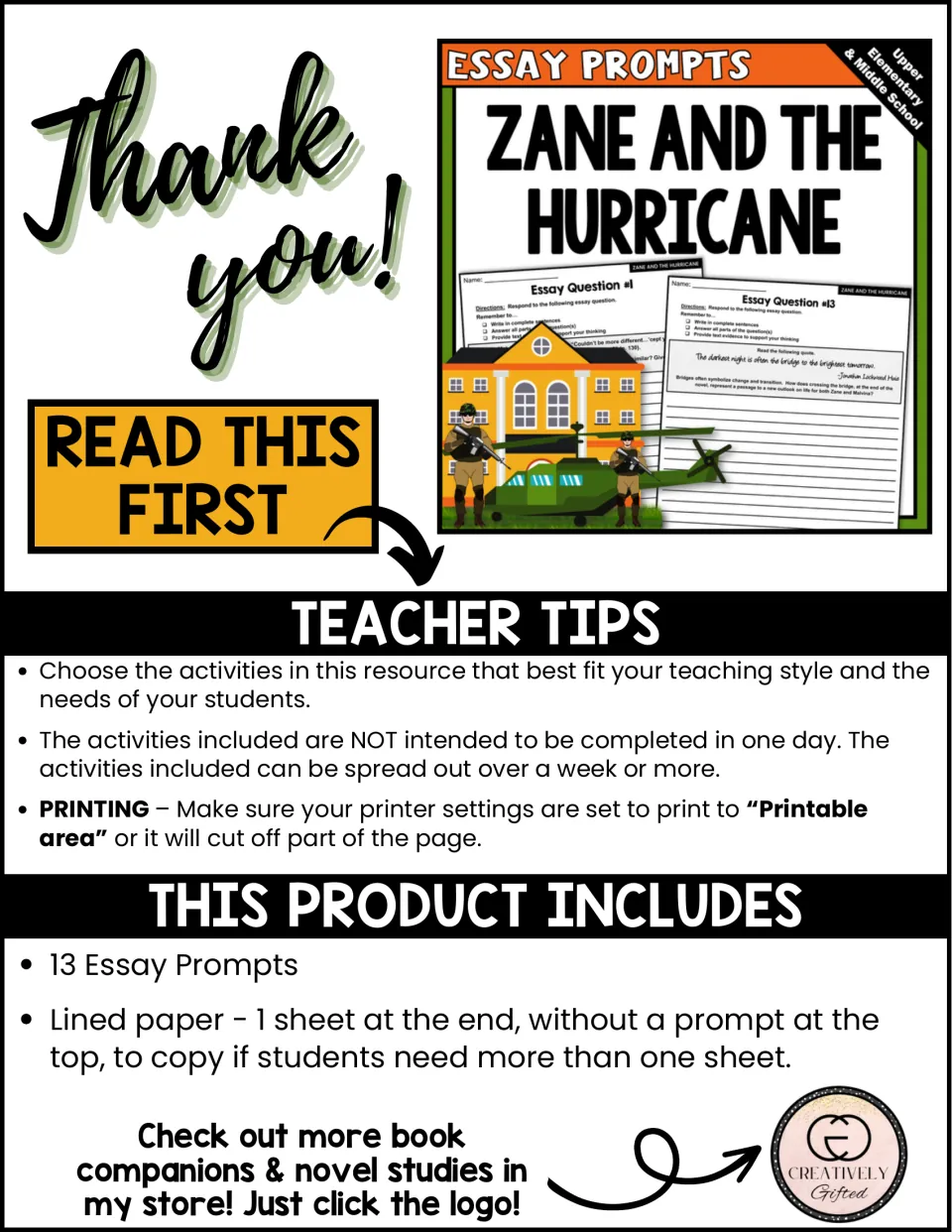 Teacher tips for essay prompts: activities spread over a week, print settings, and a list of 13 prompts plus lined paper