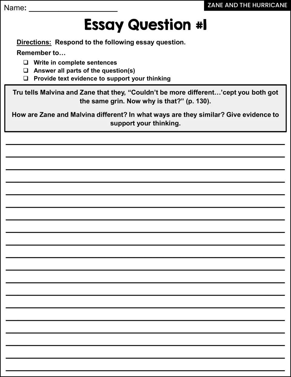 Essay Question #1: using Tru's quote on p. 130, students compare and contrast Zane and Malvina with text evidence