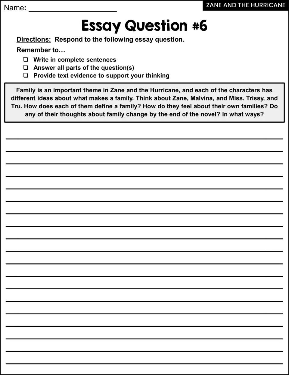 Essay Question #6: students analyze the family theme, how Zane, Malvina, Miss Trissy and Tru define family and change