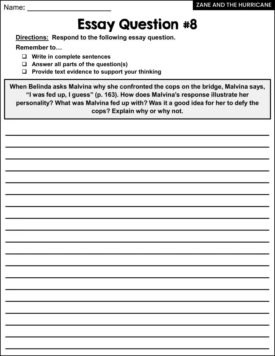 Essay Question #8: using Malvina's quote on p. 163, students explore why she defied the cops and what it shows about her
