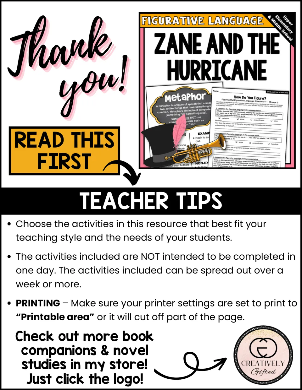 Teacher tips for the novel study: choose activities, spread work over a week or more, and print to fit.