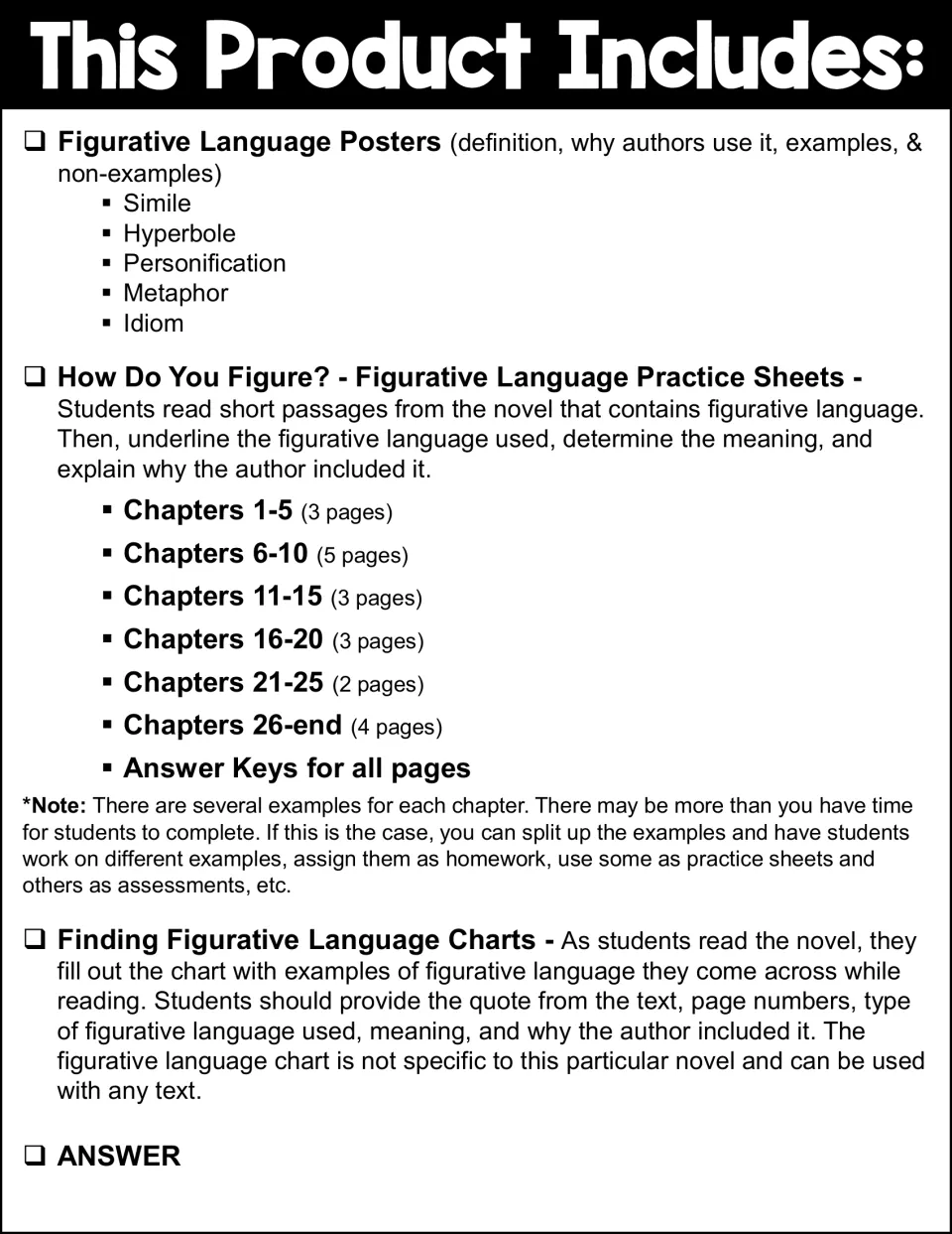 Contents list for the novel study: five poster topics, 20 practice pages, answer keys, and reading charts.