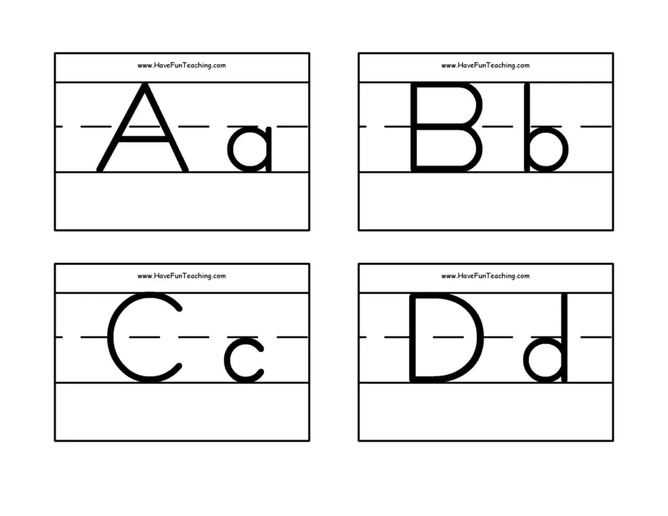 Alphabet flashcards 1–4 of 26: uppercase and lowercase A/a, B/b, C/c, and D/d for letter recognition.