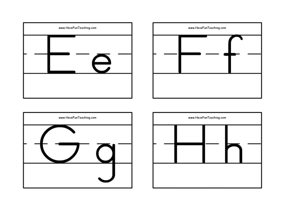 Alphabet flashcards 5–8 of 26: uppercase and lowercase E/e, F/f, G/g, and H/h for letter recognition.