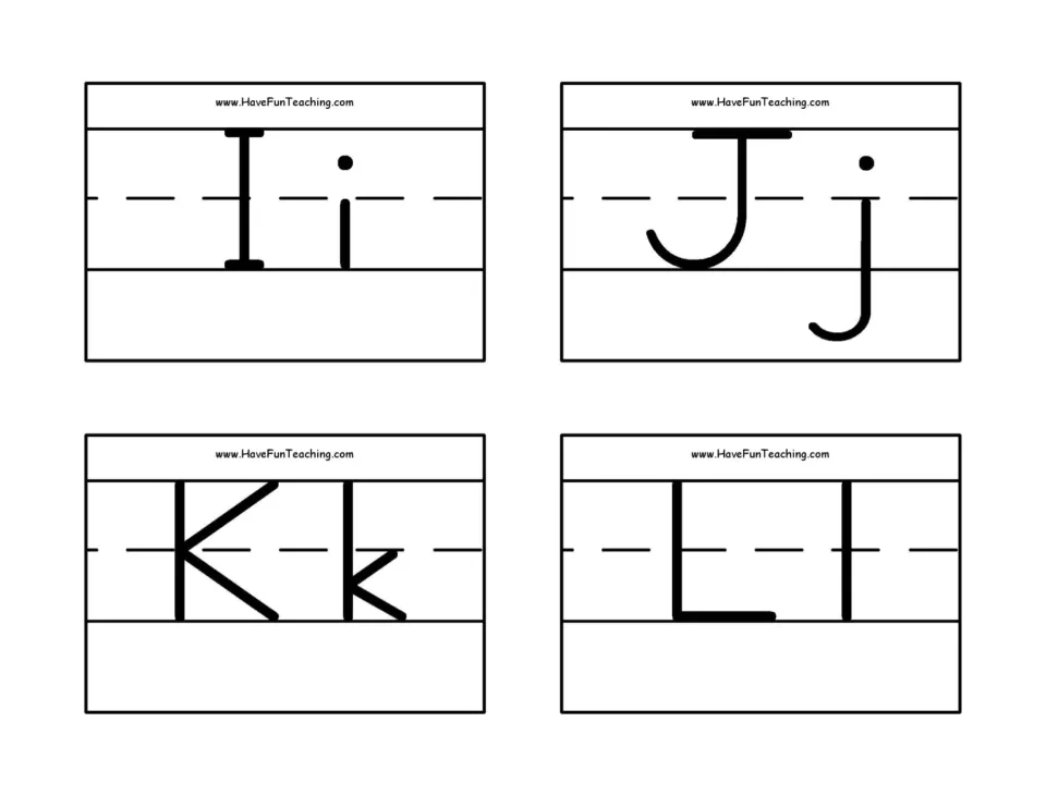 Alphabet flashcards 9–12 of 26: uppercase and lowercase I/i, J/j, K/k, and L/l for letter recognition.