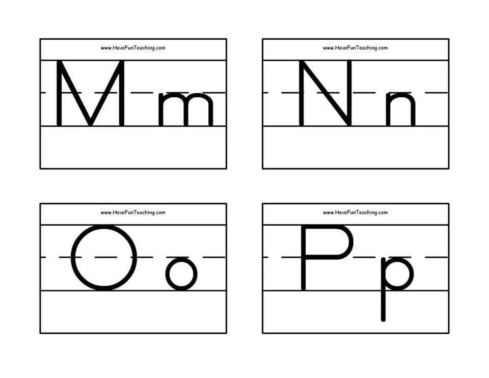 Alphabet flashcards 13–16 of 26: uppercase and lowercase M/m, N/n, O/o, and P/p for letter recognition.