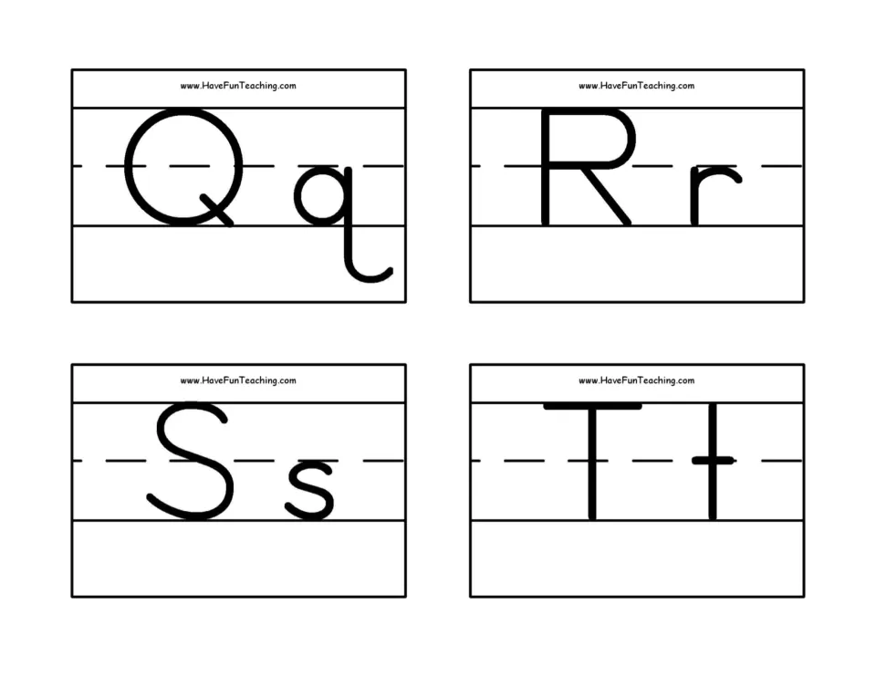 Alphabet flashcards 17–20 of 26: uppercase and lowercase Q/q, R/r, S/s, and T/t for letter recognition.