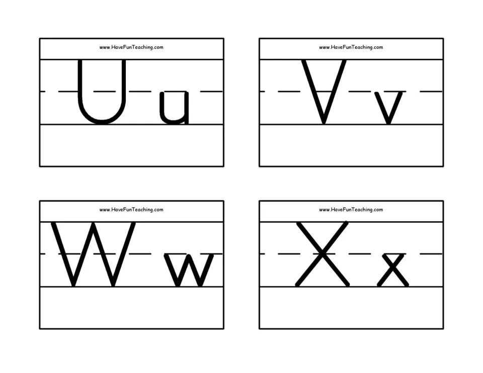 Alphabet flashcards 21–24 of 26: uppercase and lowercase U/u, V/v, W/w, and X/x for letter recognition.