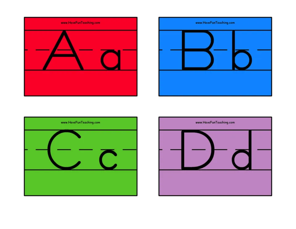 Letters A to D: four colored flash cards show uppercase and lowercase Aa, Bb, Cc and Dd in manuscript print
