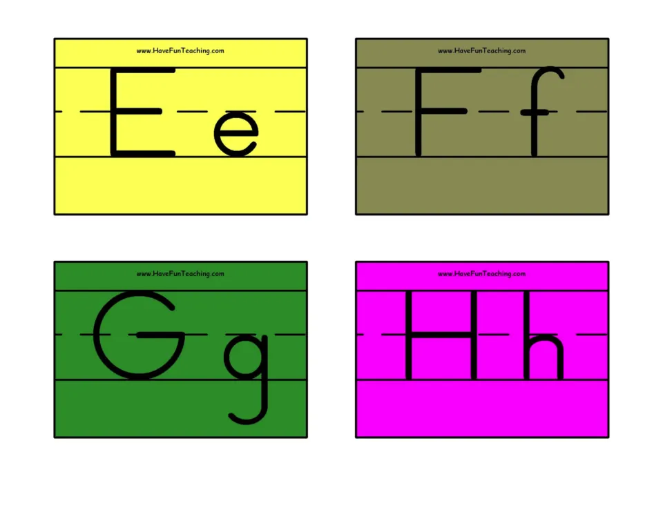 Letters E to H: four colored cards pair capital and small Ee, Ff, Gg and Hh so students name and match letter cases