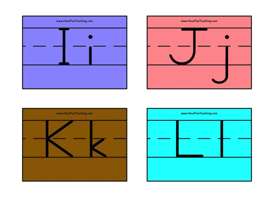 Letters I to L: color cards show Ii, Jj, Kk and Ll in print for practising upper and lowercase letter recognition