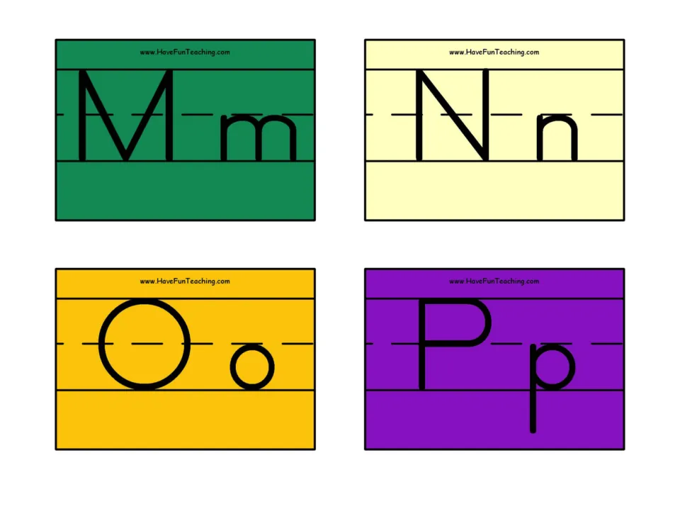 Letters M to P: four flash cards display Mm, Nn, Oo and Pp side by side, capital beside lowercase, for case matching
