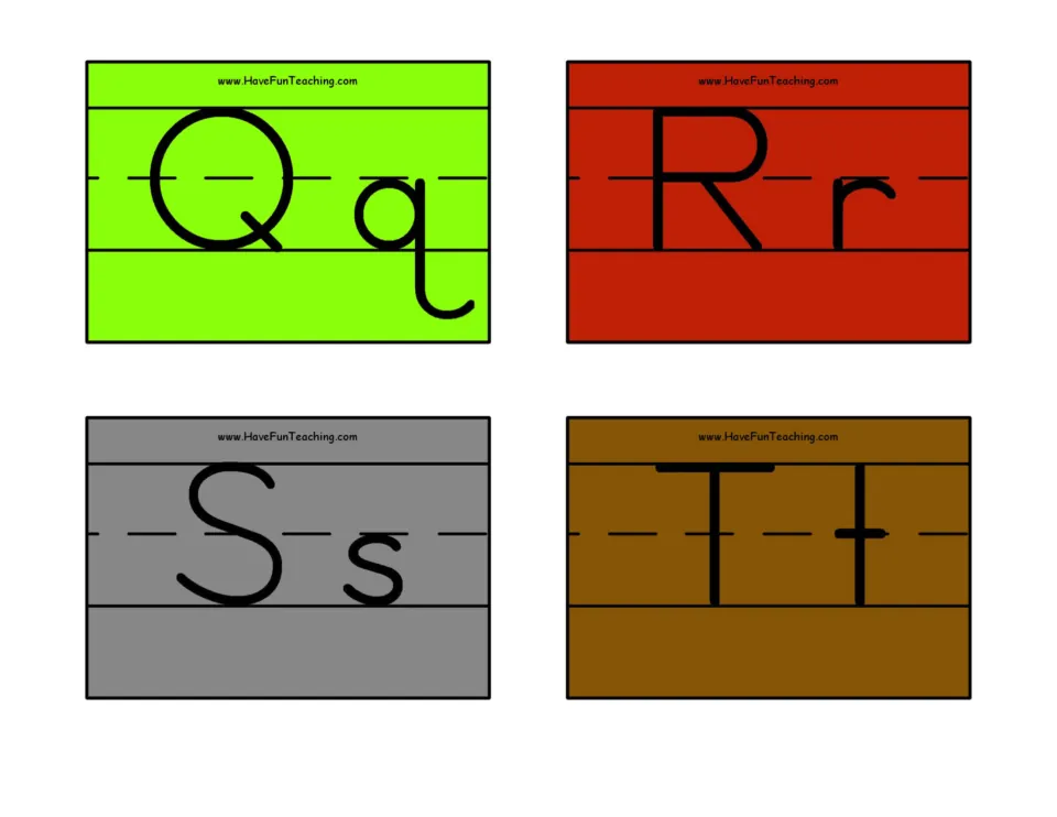 Letters Q to T: colored cards with Qq, Rr, Ss and Tt in manuscript print for naming capital and small letter forms