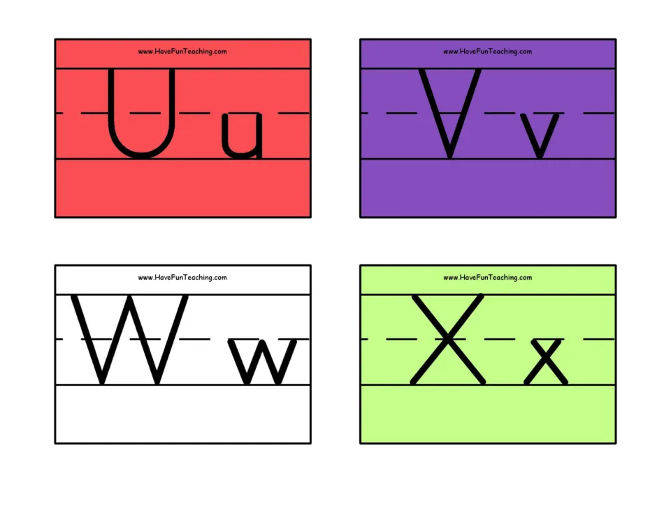 Letters U to X: flash cards present Uu, Vv, Ww and Xx in print, each card pairing the uppercase with its lowercase