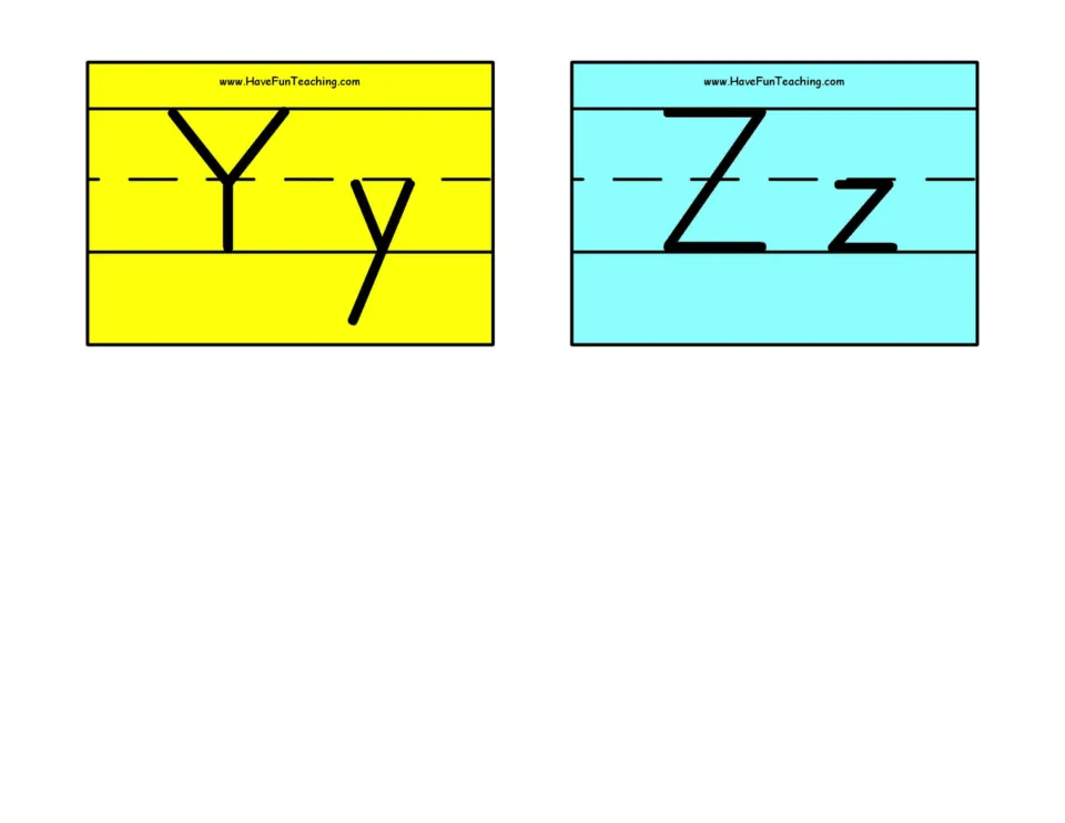 Letters Y and Z: final two alphabet cards show uppercase and lowercase Yy and Zz in print for letter identification