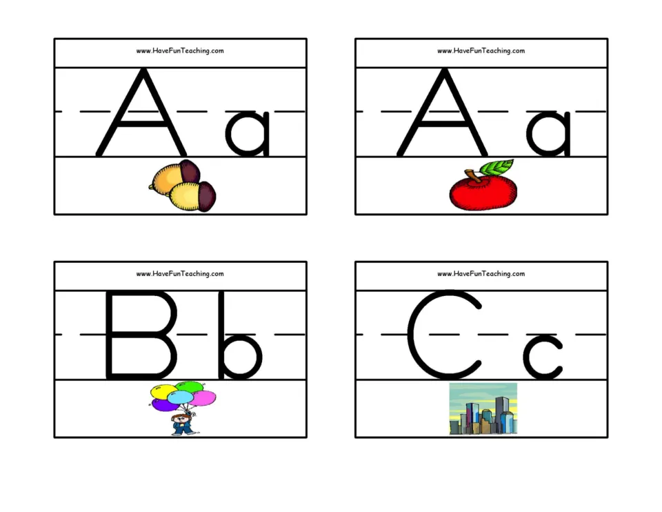 Letters A to C: Aa cards with acorns and an apple, Bb with balloons, Cc with a city; students say each beginning sound