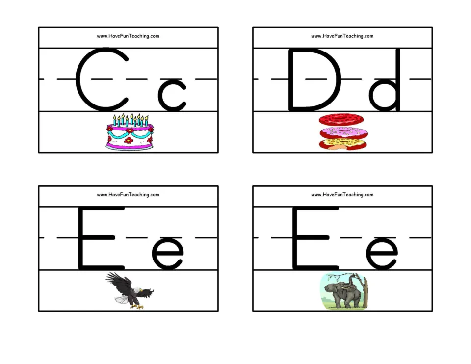 Letters C to E: Cc with a birthday cake, Dd with donuts, Ee with an eagle and an elephant for matching letters to sounds