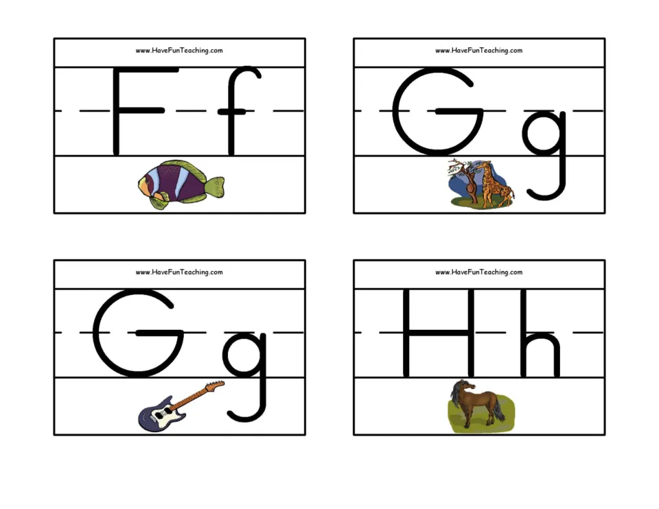 Letters F to H: Ff with a fish, Gg with a giraffe and a guitar, Hh with a horse, pairing each letter with a sound