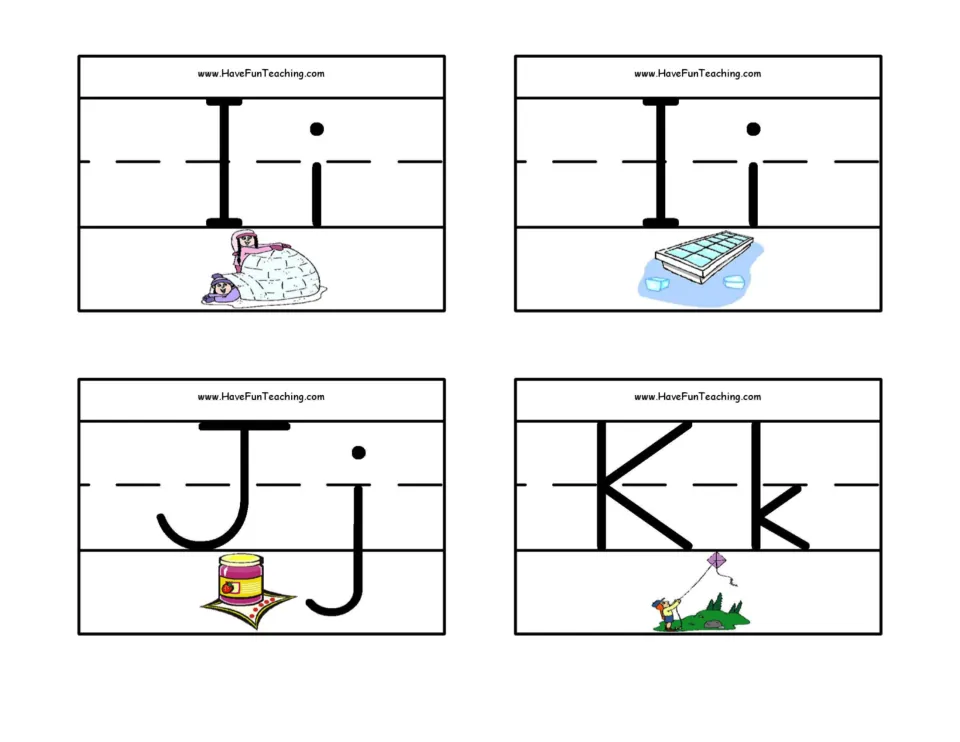 Letters I to K: Ii cards with an igloo and an ice tray, Jj with a jam jar, Kk with a kite for initial-sound practice