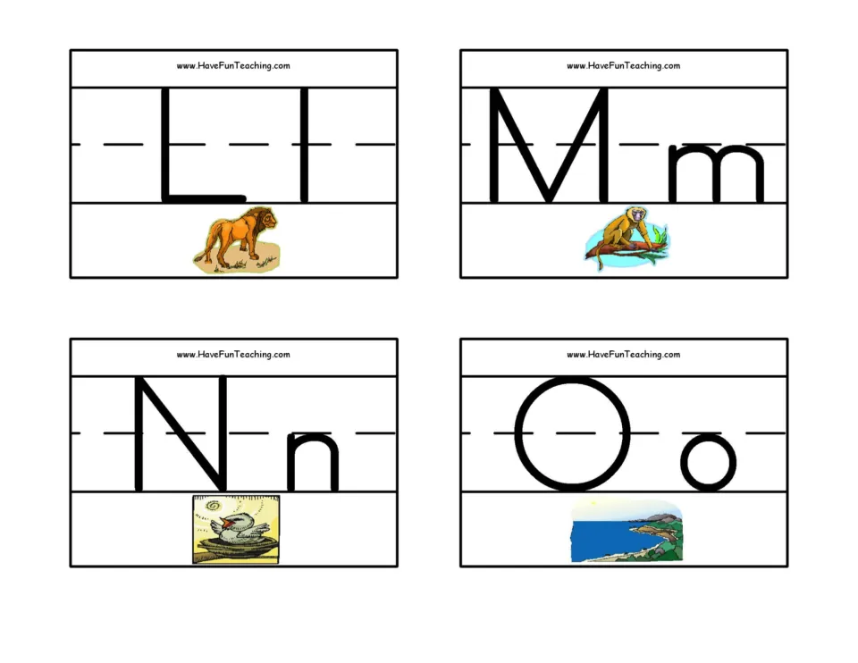 Letters L to O: Ll with a lion, Mm with a monkey, Nn with a bird in a nest, Oo with an ocean, naming each first sound