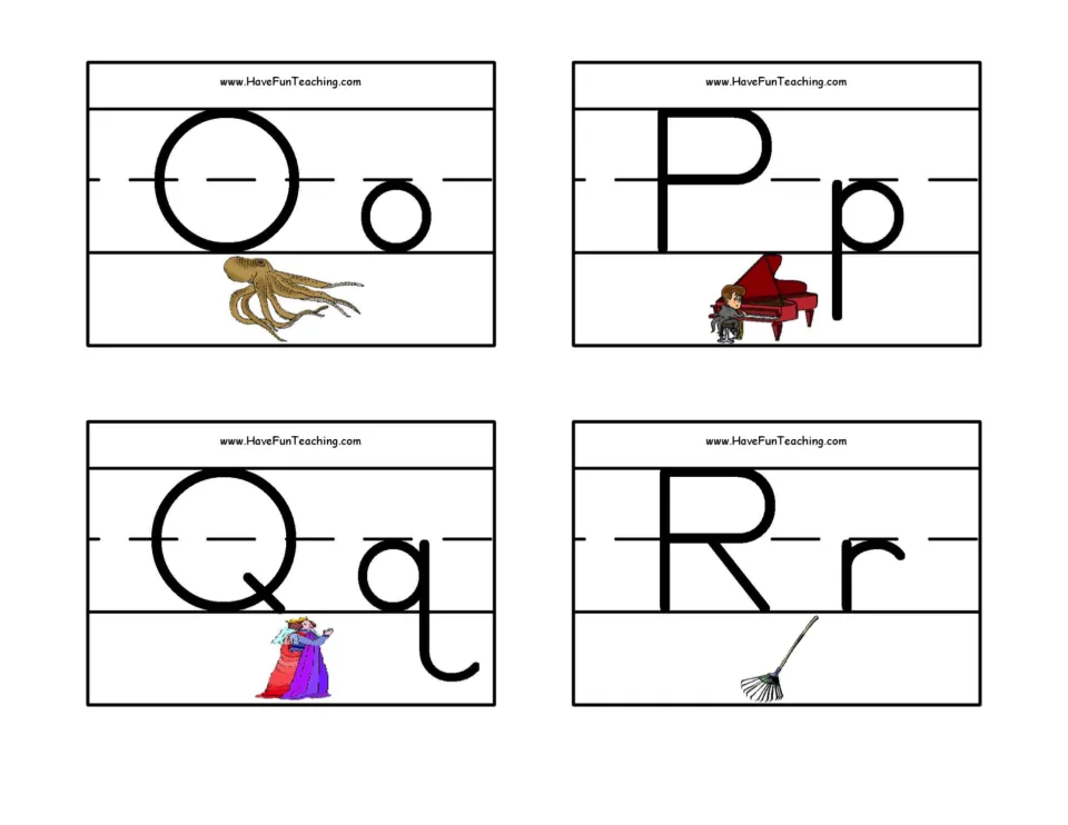 Letters O to R: Oo with an octopus, Pp with a piano player, Qq with a queen, Rr with a rake to link letters and sounds