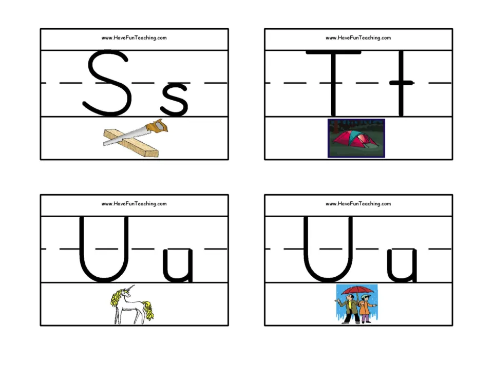 Letters S to U: Ss with a saw, Tt with a tent, Uu cards with a unicorn and an umbrella for letter sounds
