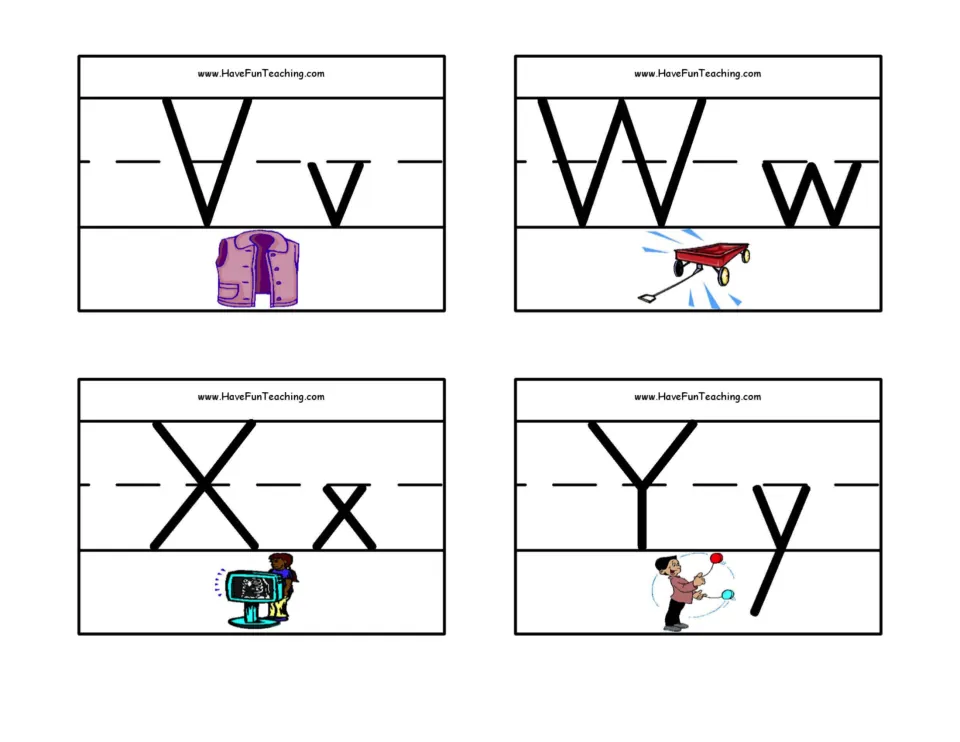 Letters V to Y: Vv with a vest, Ww with a red wagon, Xx with an x-ray machine, Yy with a yo-yo to name each sound